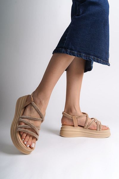 Joy Ayakkabı Elena Elastic Stone Striped Orthopedic Sole Women's Sandals Tt - Skin