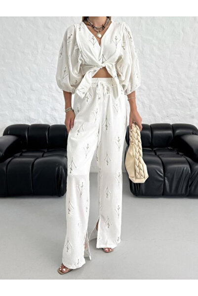 Stil Sepeti Bluză crop cu decolteu în V cu broderie maro pentru femei, cu cen...