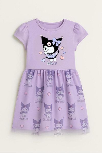 Magu Girl's Cotton Kuromi Printed Short Sleeve Dress - Heart Pattern Detail