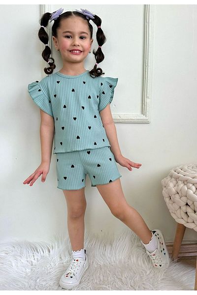 LİLLYPİCCA Girl's Heart Patterned Ruffle Gathered Sleeves Ribbed Stretch Shorts Set