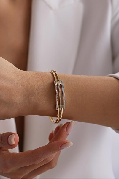 Tufanlar Kuyumculuk 14 Ayar 3 Sıra Kaburga Taşlı Altın Bilezik