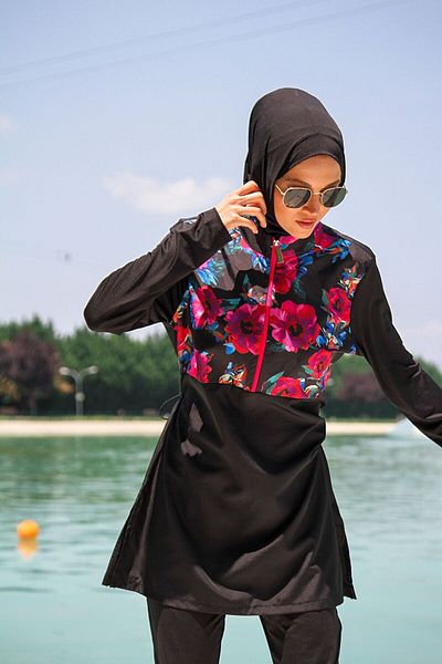 Marina Swimwear Parachute 3-Piece Black Floral Patterned Full Covered Hijab Swimsuit M2268