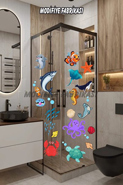 Modifiye Fabrikası Sevimli Deniz Canlıları Temalı Banyo Duvar Stickerı Duşaka...