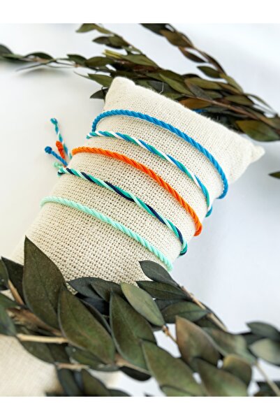 Atölye Merdiven Unisex Makrome Ayarlı 5li Mavi Turuncu Kombin İp Bileklik Set...