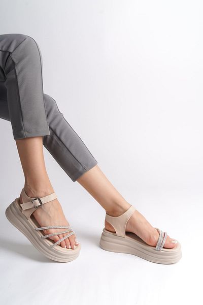 Joy Ayakkabı Eva Thick Buckle Stone Stripe Orthopedic Sole Women's Sandals Kt - Cream