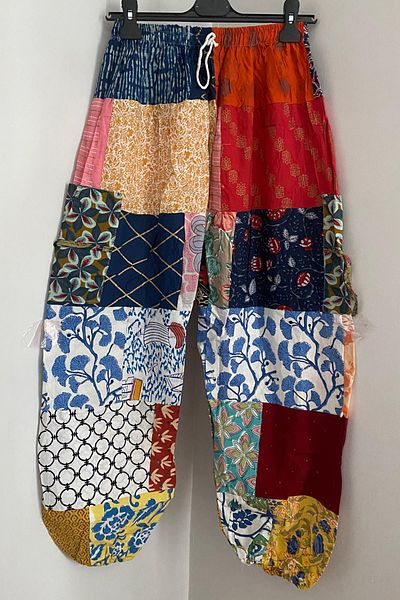 AYASOFYA OTANTIK Women's Nepalese Multi Color Ethnic Patchwork Waist and Legs Elastic Bag Pocket Loose Bohemian Loose Pants