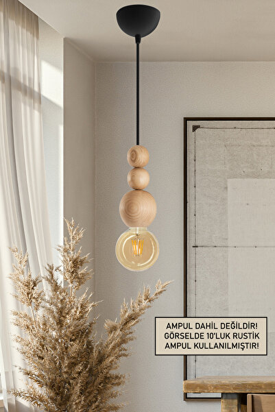 EFLIGHTDESIGN Ahşap Detaylı Modern Bohem Rustik Sarkıt Avize Siyah Şık Ve Doğal Tasarım Salon Oturma Odası