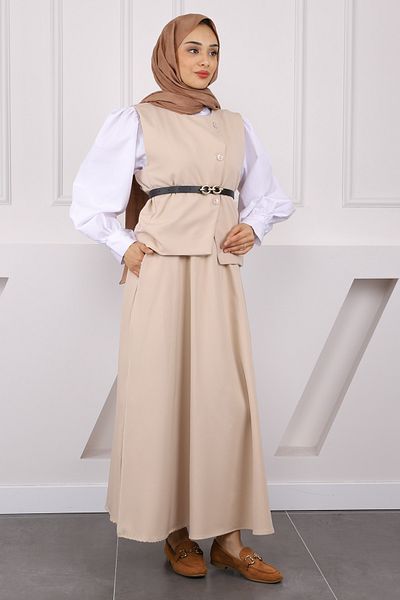 İmajButik Σετ φούστα με μπεζ ζωσμένο κρεπ γιλέκο