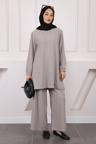 İmajButik Gray Wrinkled Tunic Trousers Suit