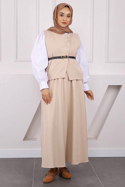 İmajButik Σετ φούστα με μπεζ ζωσμένο κρεπ γιλέκο