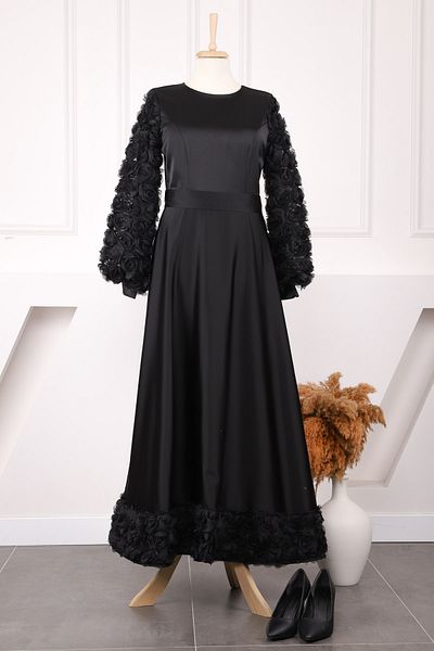 İmajButik Βραδινό φόρεμα με λεπτομέρεια μαύρο τριαντάφυλλο με ζώνη