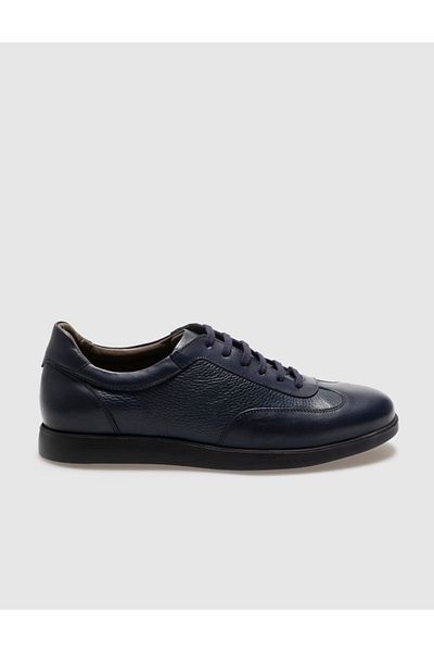 Cabani Genuine Leather Navy Blue Lace-Up Men's Casual Shoes