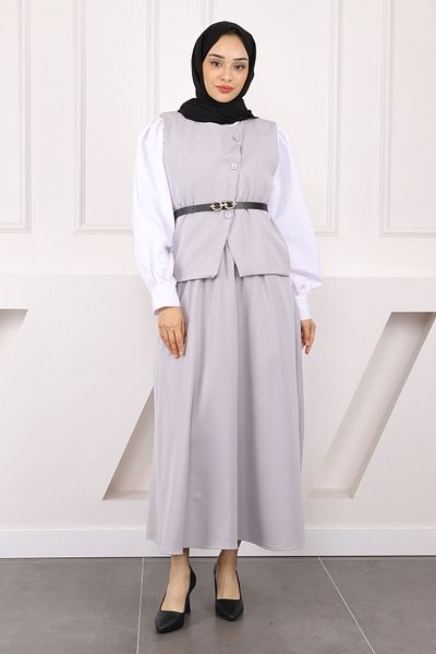İmajButik Gray Belted Crepe Vest Skirt Suit