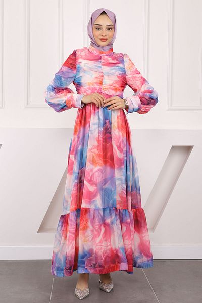 İmajButik Φούξια φόρεμα σιφόν με μανίκια και μπροστινό μέρος