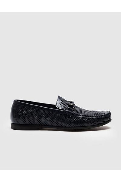 Cabani Genuine Leather Navy Blue Men's Loafers with Laser Detailed Buckle Accessories