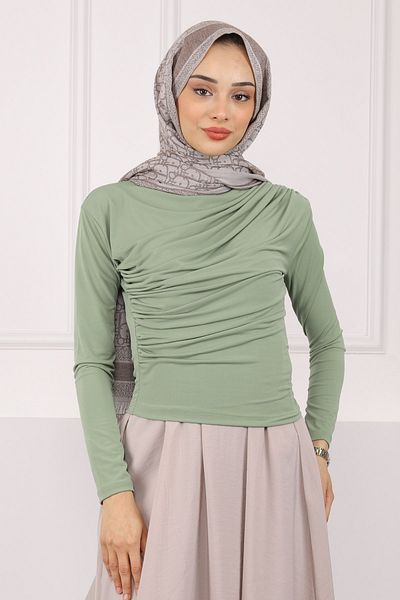 İmajButik Light Khaki Turtleneck Draped Sandy Blouse