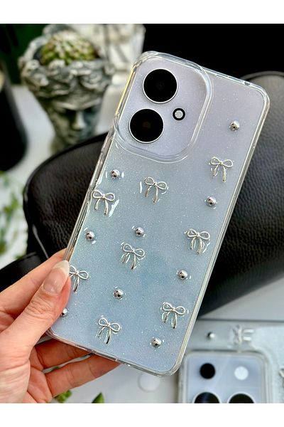 Go Aksesuar حافظة سيليكون بتصميم فيونكة صغيرة ثلاثية الأبعاد متوافقة مع هاتف Xiaomi Redmi 13C مع لعبة