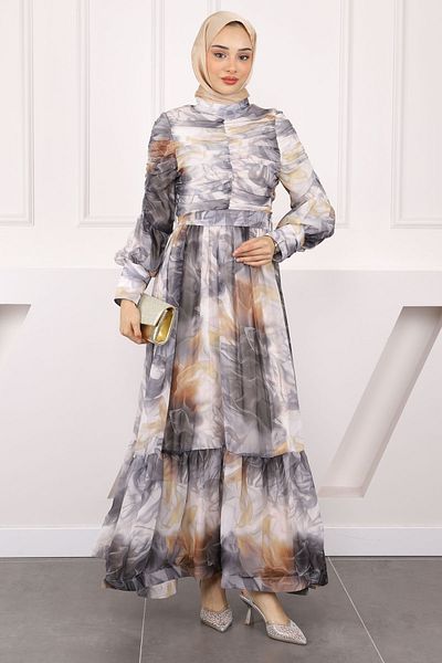 İmajButik Φόρεμα σιφόν με λαβή ανθρακί και μπροστινό κορδόνι