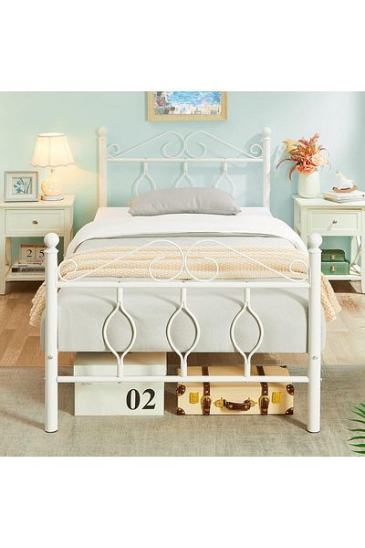 Generic Sturdy Metal Bed Frame Solid Construction with Metal Slats Elegant Design 190x90cm White