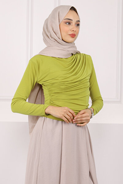 İmajButik Πράσινη λαιμόκοψη με ντραπέ άμμο μπλούζα