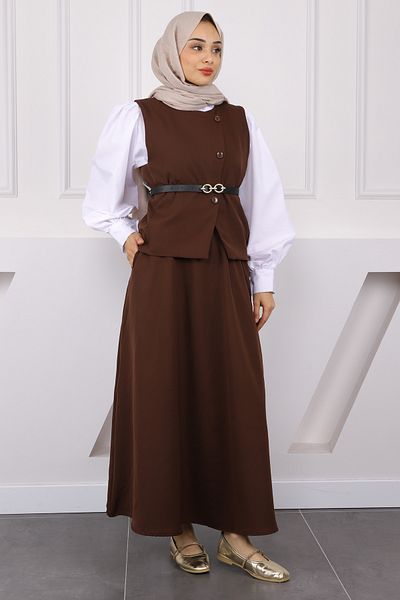 İmajButik Κοστούμι φούστας κρεπ γιλέκο καφέ ζώνη