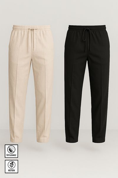 Moderk Men's Linen High Quality Elastic Waist Baggy Fit 2-Piece Trousers Does Not Pilling or Sweating