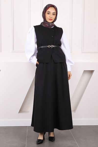 İmajButik Black Belted Crepe Vest Skirt Suit