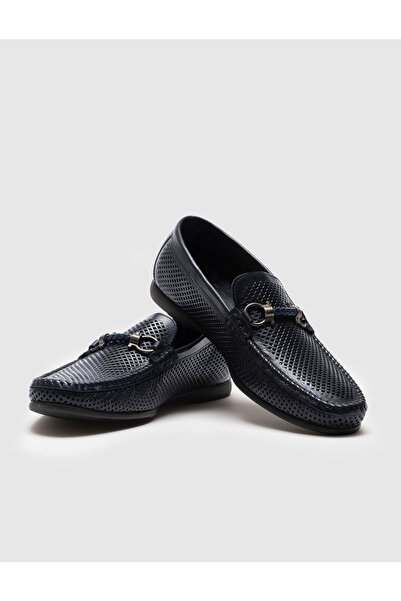 Cabani Genuine Leather Navy Blue Men's Loafers with Laser Detailed Buckle Accessories