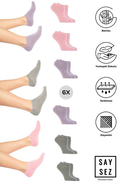 SAYSEZ Grey-Pink-Lilacpremium 6-Piece Bamboo Women's Sneaker with Invisible Knit