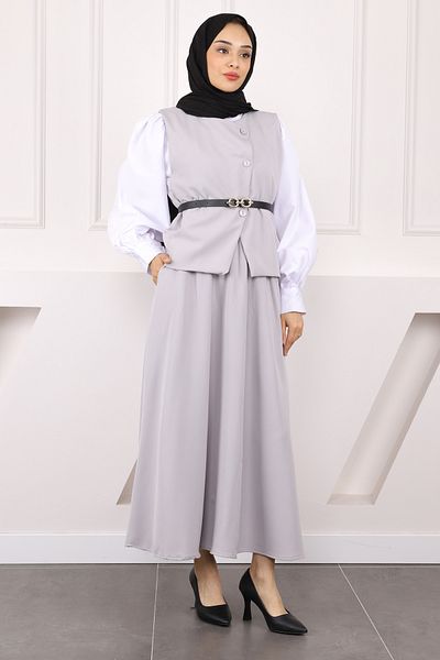 İmajButik Gray Belted Crepe Vest Skirt Suit