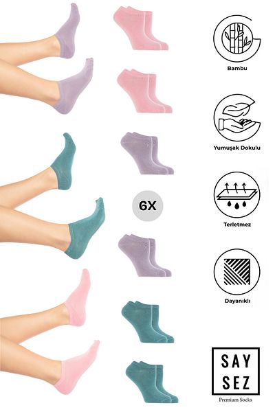 SAYSEZ Bamboo Women's Sneaker - Green-Pink-Water Green Dye Seamless Sports Socks Premium 6 Pack