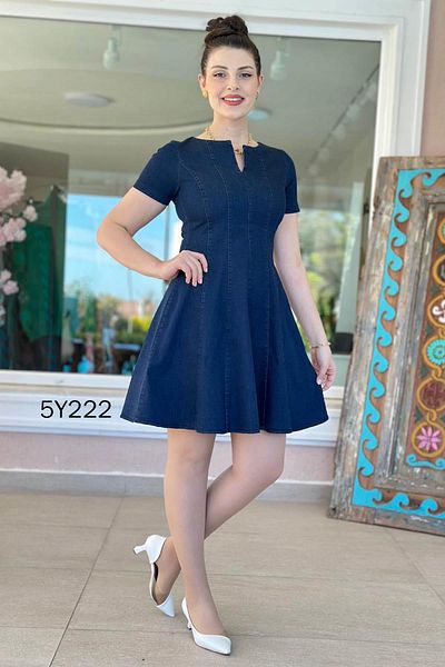 İnce Topuk V-Neck Piece Lycra Denim Dress 5Y222