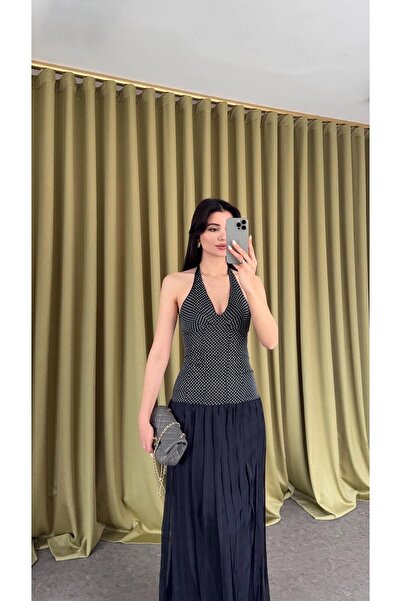 HAZELANNA فستان منقط باللون الأزرق الداكن