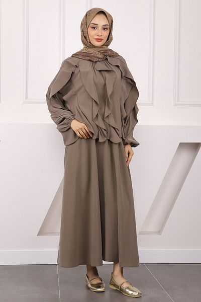 İmajButik Χακί Μπλούζα Σετ Φούστα με βολάν
