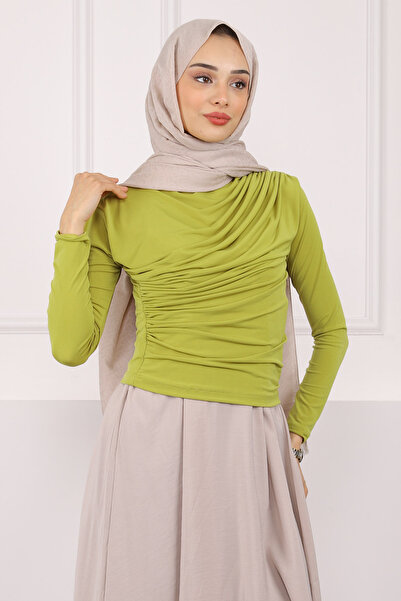 İmajButik Πράσινη λαιμόκοψη με ντραπέ άμμο μπλούζα