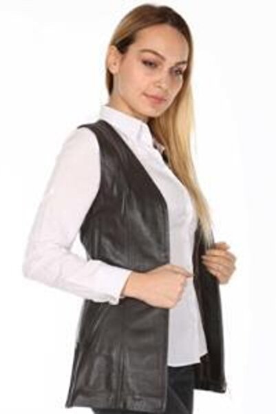 DeriWork Hakiki Kuzu Derisi Siyah Önü Fermuarlı Kadın Deri Yelek