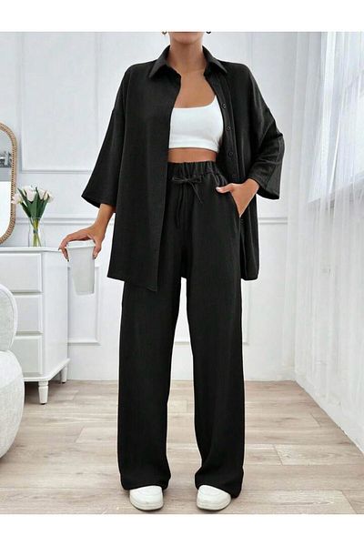 New Lune Women's Clothing Wrinkled Fabric Shirt Pants Set, Two Piece Set, Suitable for Hijab