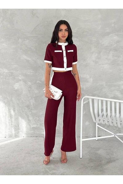 BYKUZEYARAS Women's Burgundy Ottoman Fabric Stripe Garnished Suit