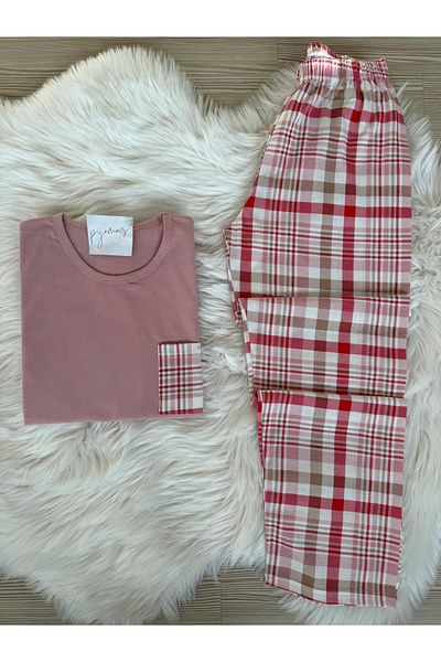 Pijamacs Set de pijamale tricotate cu mânecă lungă din bumbac cu model în carouri roz