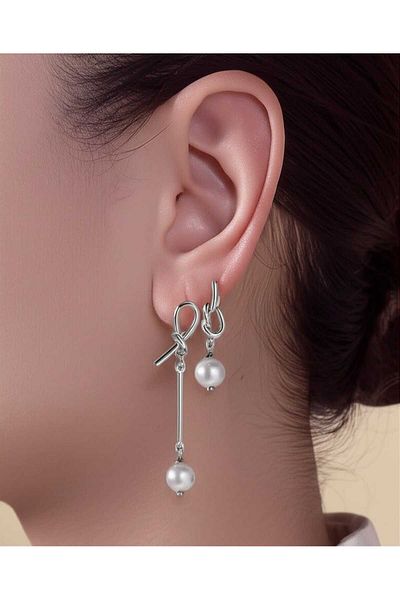 BeyzHal Silver Color Asymmetrical Knot Design Pearl Dangle Earrings Stylish and Modern Women's Jewelry Model