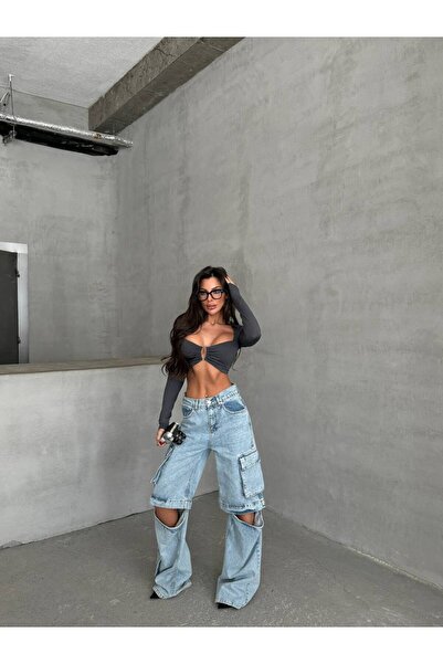 DENİKK KTrend Speciální design Široká noha Pohodlný střih MĚCHOVÁ KAPSKA OTEVŘENÁ KOLENA Palazzo Kalhoty