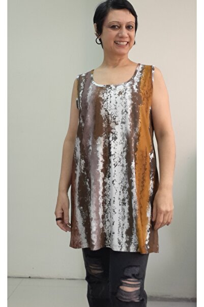 Mertcan Butik Coffee Mustard White Pattern Thick Strap Combed Viscose T-Shirt