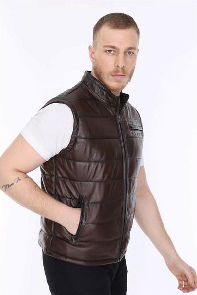 DeriWork Genuine Lambskin Brown Zippered Men's Leather Vest