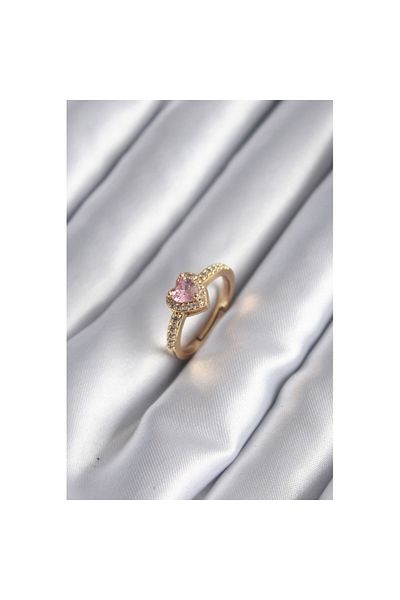 Skygo Brass Gold Pink Zircon Stone Heart Patterned Women's Ring - TJ-BYK2957