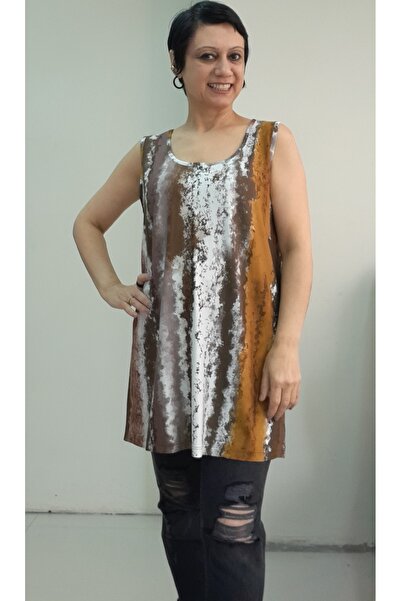 Mertcan Butik Coffee Mustard White Pattern Thick Strap Combed Viscose T-Shirt