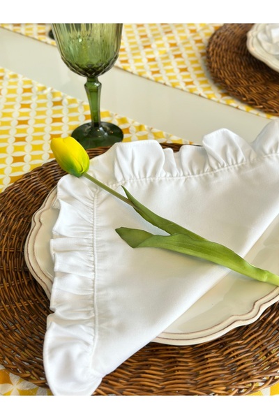 Decamor home White Ruffled Napkin 6 Pieces Stain Resistant Fabric Velvet Textured