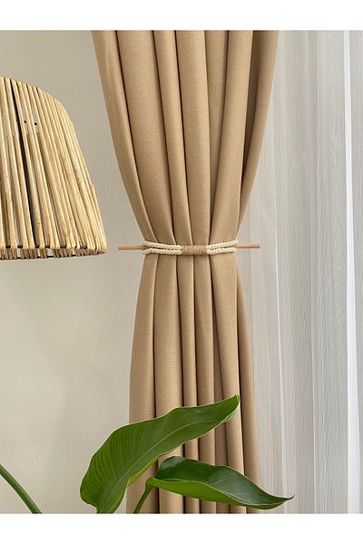 BARBAROSSA HOME Natural Cotton Rope Background Curtain Tie-Up Apparatus - Jute Detailed with Wooden Rod - 1 Pc
