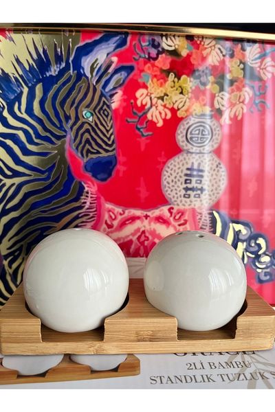 Decorland Porcelain Salt Shaker Set of 2 with Bamboo Stand