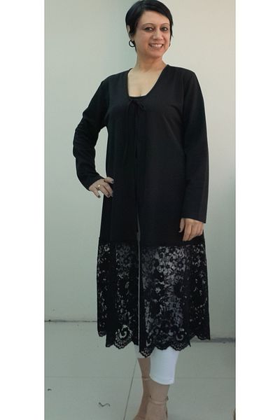 Mertcan Butik Black V-Neck Front Lace-Up Skirt Lace-Up Long-Sleeved Combed Viscose Jacket