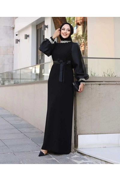 MODA VEDAT Women's Neck and Wrist Stone Embroidery Detailed Evening Dress - Dress